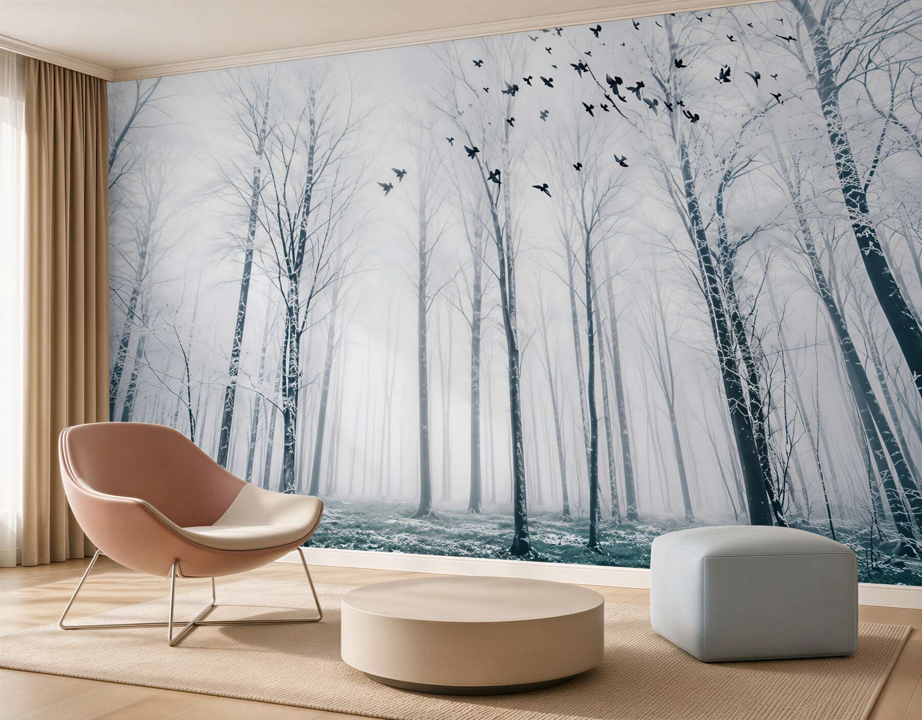 Fotobehang winterbos in de mist met vogels in heldere pastelkleuren