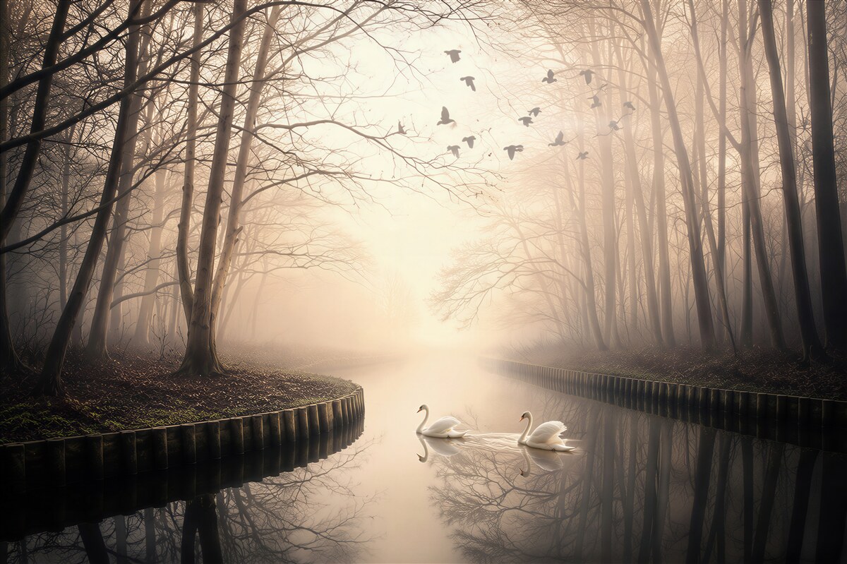 Fotobehang zwanen op de rivier in de mist met bloeiende bomen bij zonsopgang