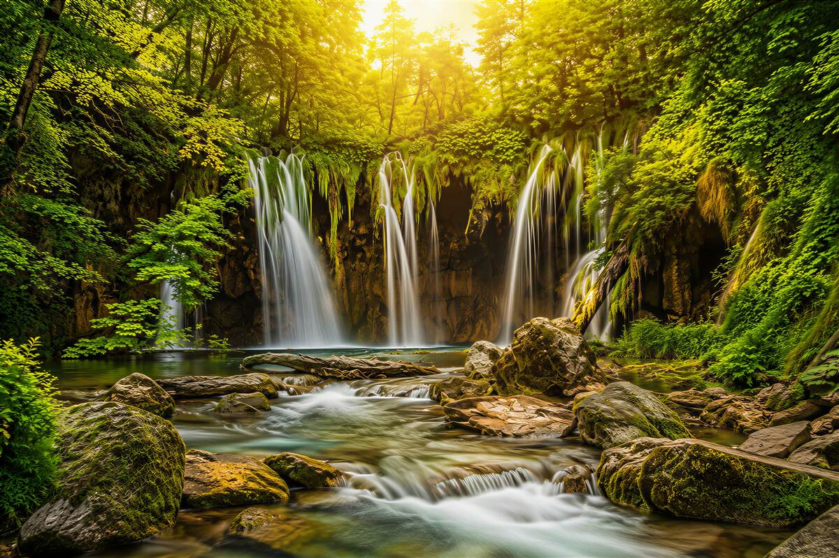 Fotobehang waterval in het groene bos met turquoise water en zonnestralen