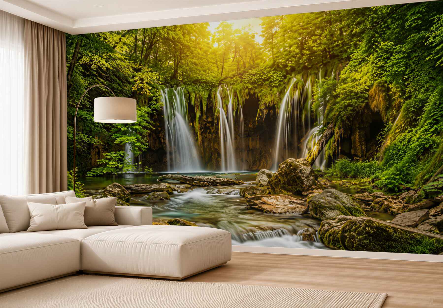 Fotobehang waterval in het groene bos met turquoise water en zonnestralen