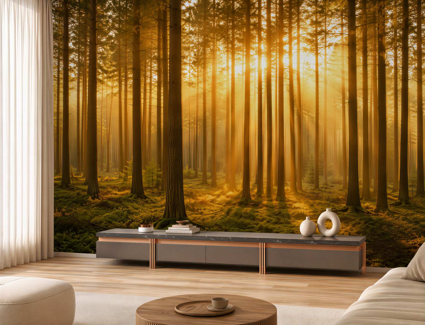 Fotobehang dennenbos in de mist met gouden licht rustige natuur