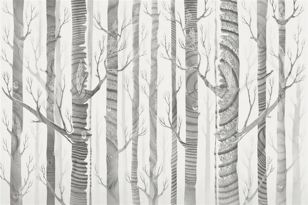 Fotobehang mystiek bos in de mist met decoratieve boomstammen beige