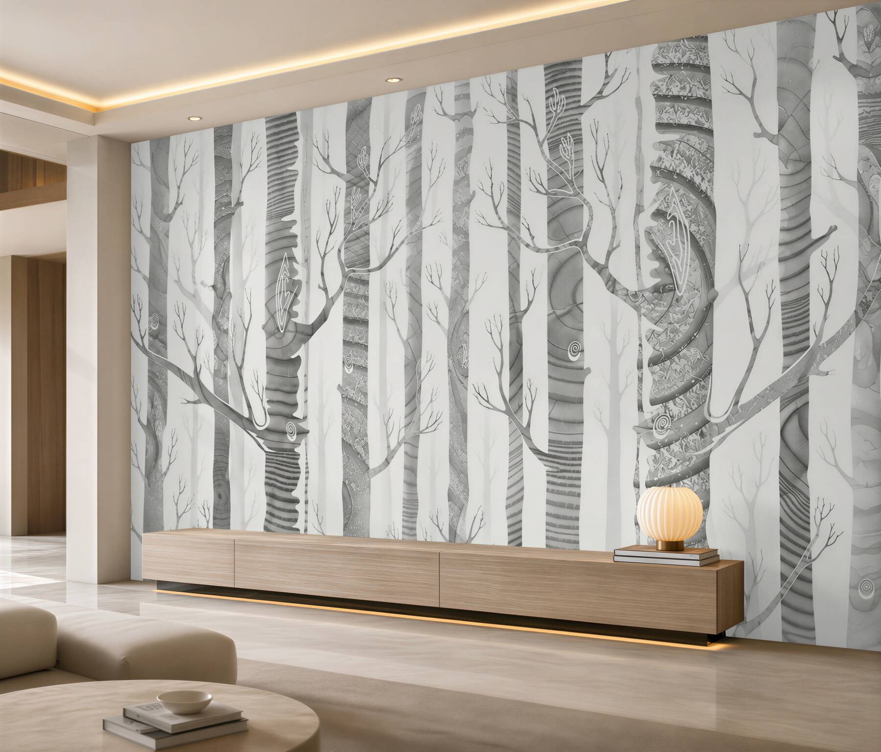 Fotobehang mystiek bos in de mist met decoratieve boomstammen beige