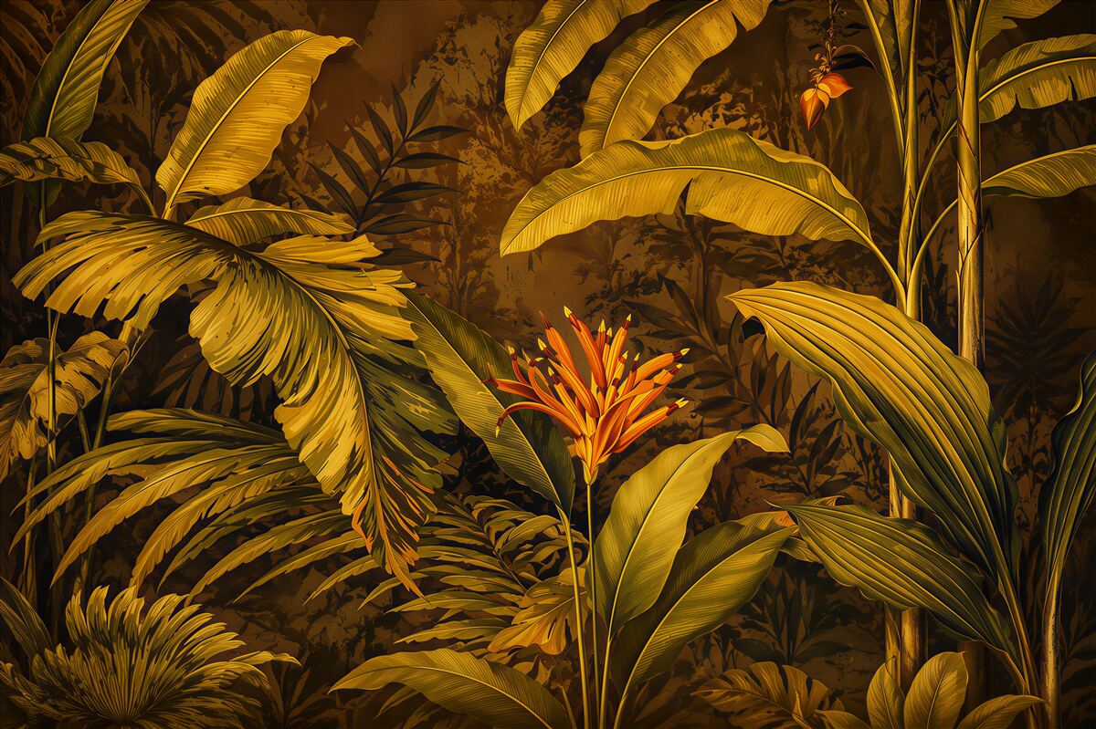 Fotobehang tropische bladeren en exotische bloemen met kolibries in een beige jungle