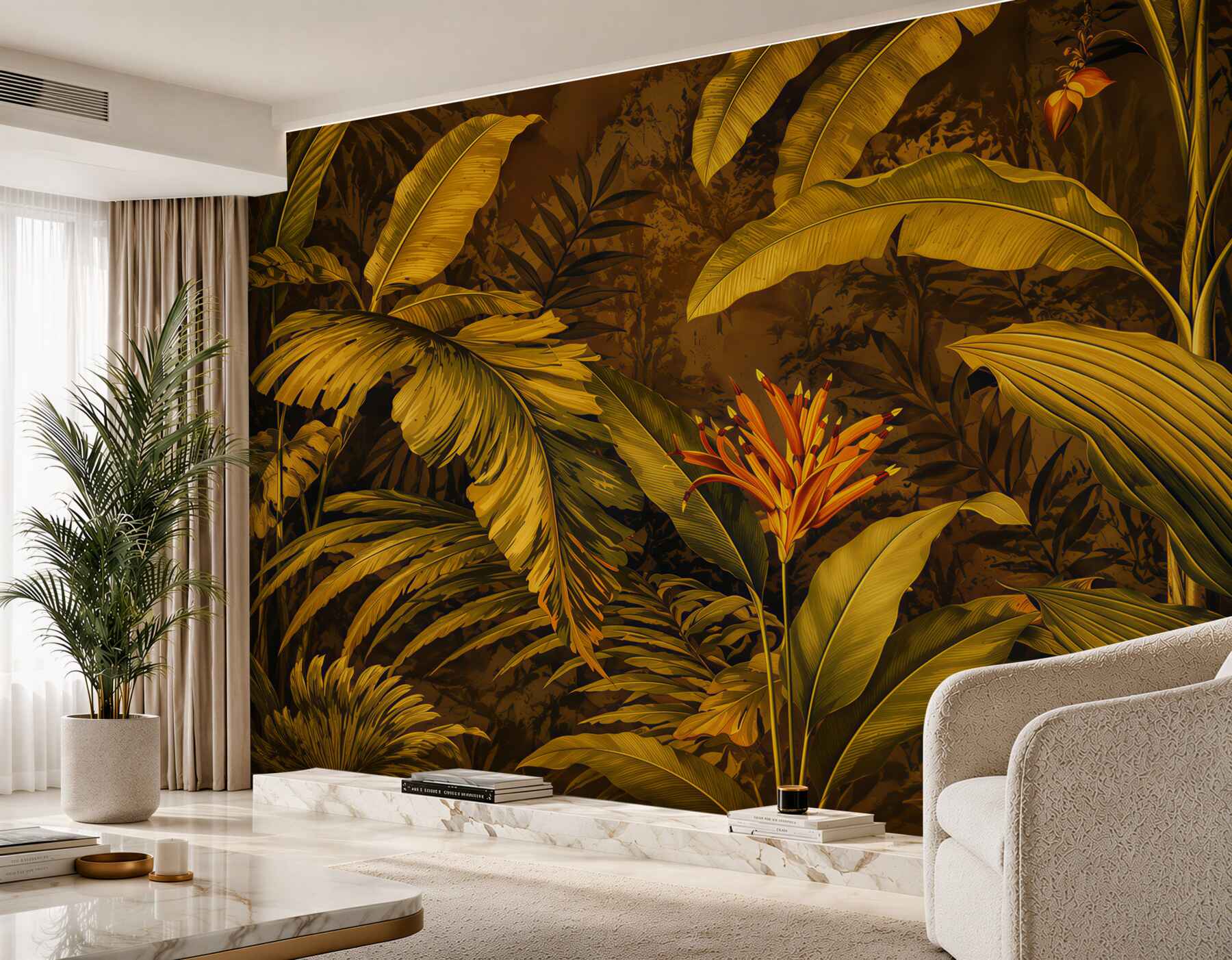 Fotobehang tropische bladeren en exotische bloemen met kolibries in een beige jungle