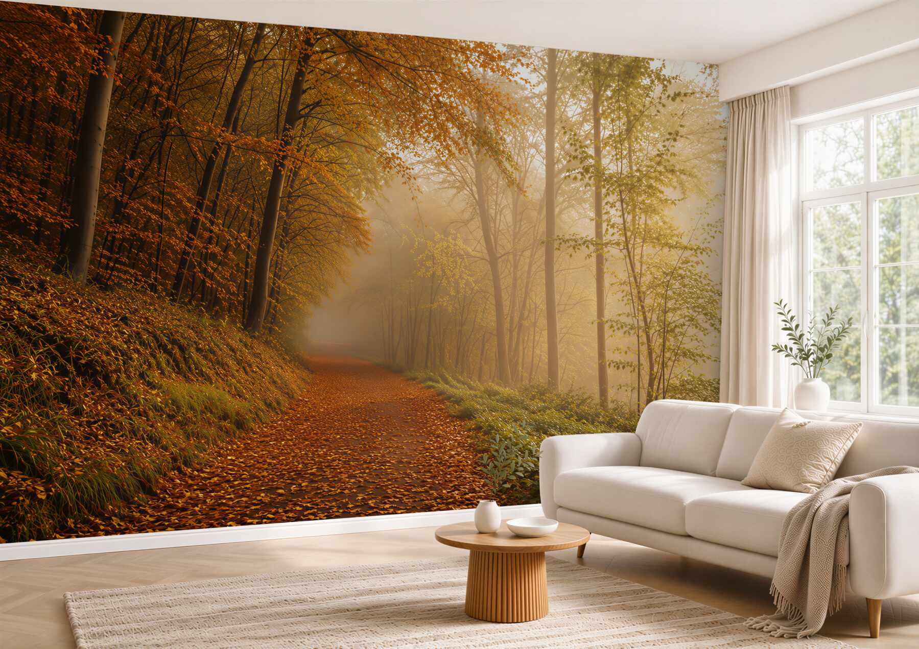 Fotobehang herfstbos in de mist met zonnestralen