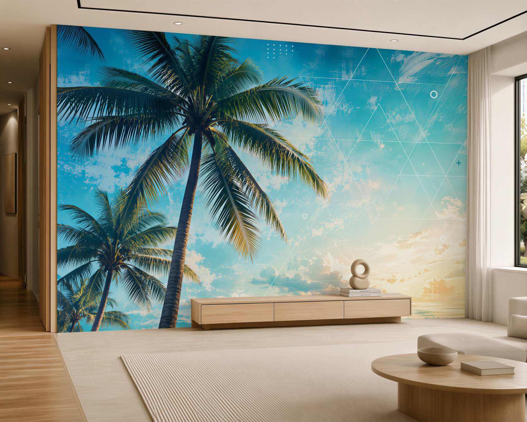 Fotobehang paradijselijke strand met palmbomen en zee in gouden licht
