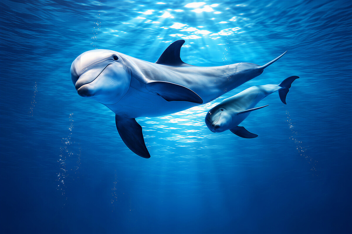 Fotobehang dolfijnen onder water in een rustige blauwe oceaan