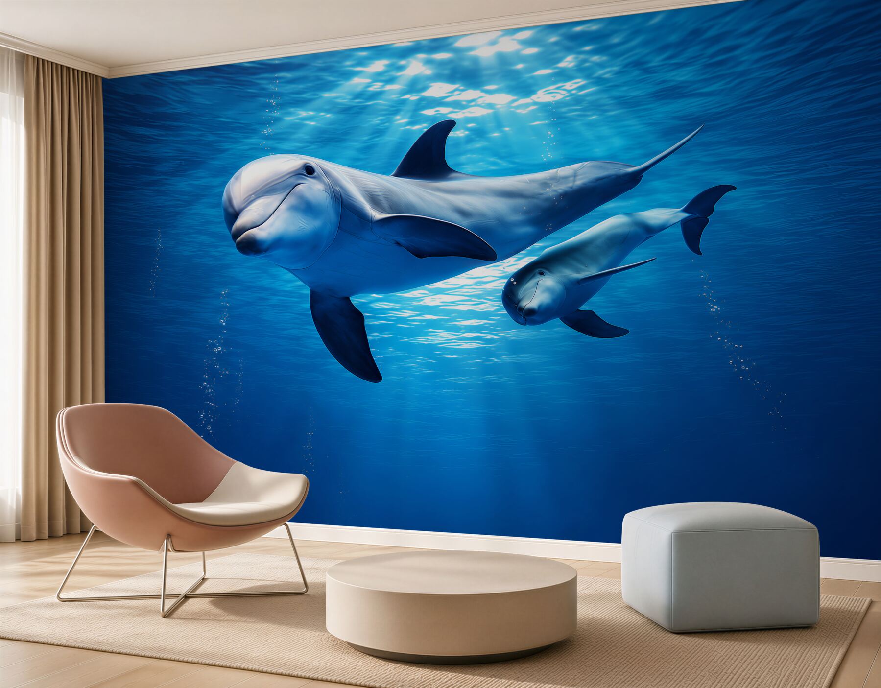 Fotobehang dolfijnen onder water in een rustige blauwe oceaan