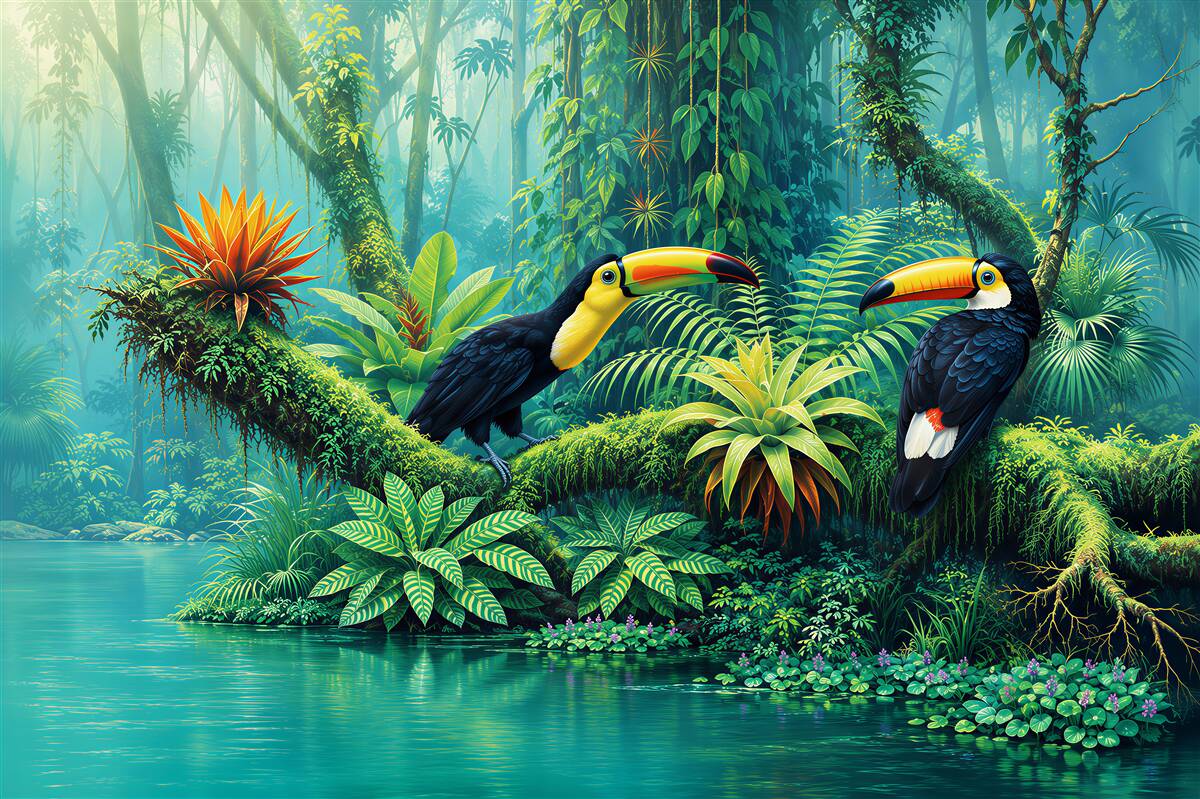 Fotobehang toekans in de tropische jungle boven de rivier