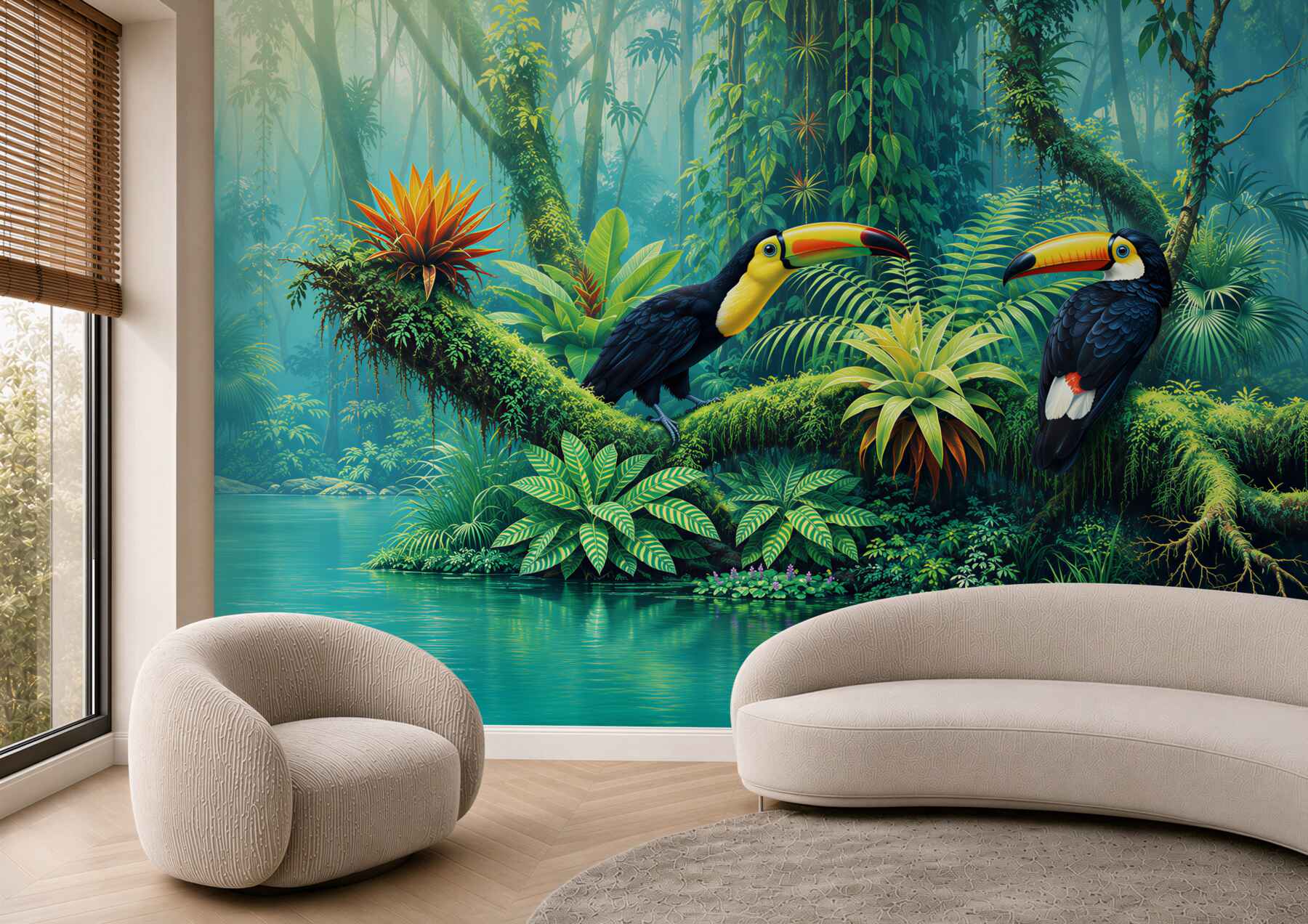 Fotobehang toekans in de tropische jungle boven de rivier