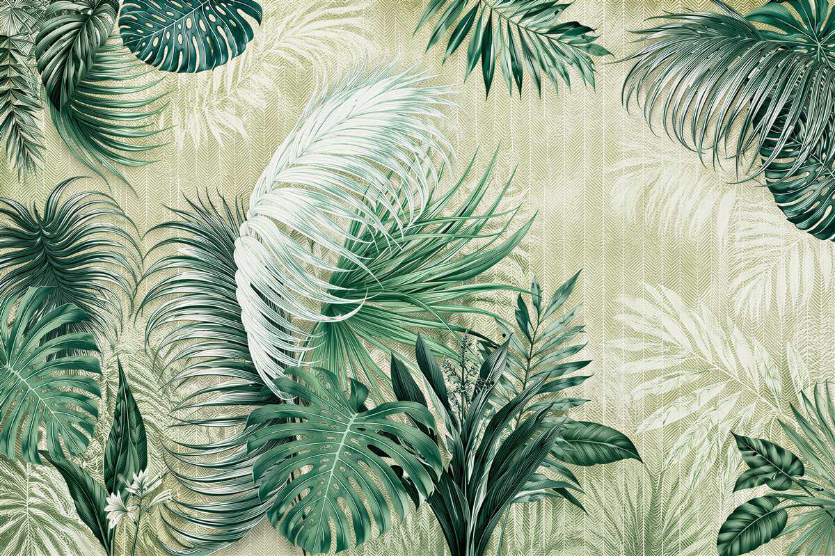 Fotobehang tropische bladeren groen monstera en palm op een lichte achtergrond