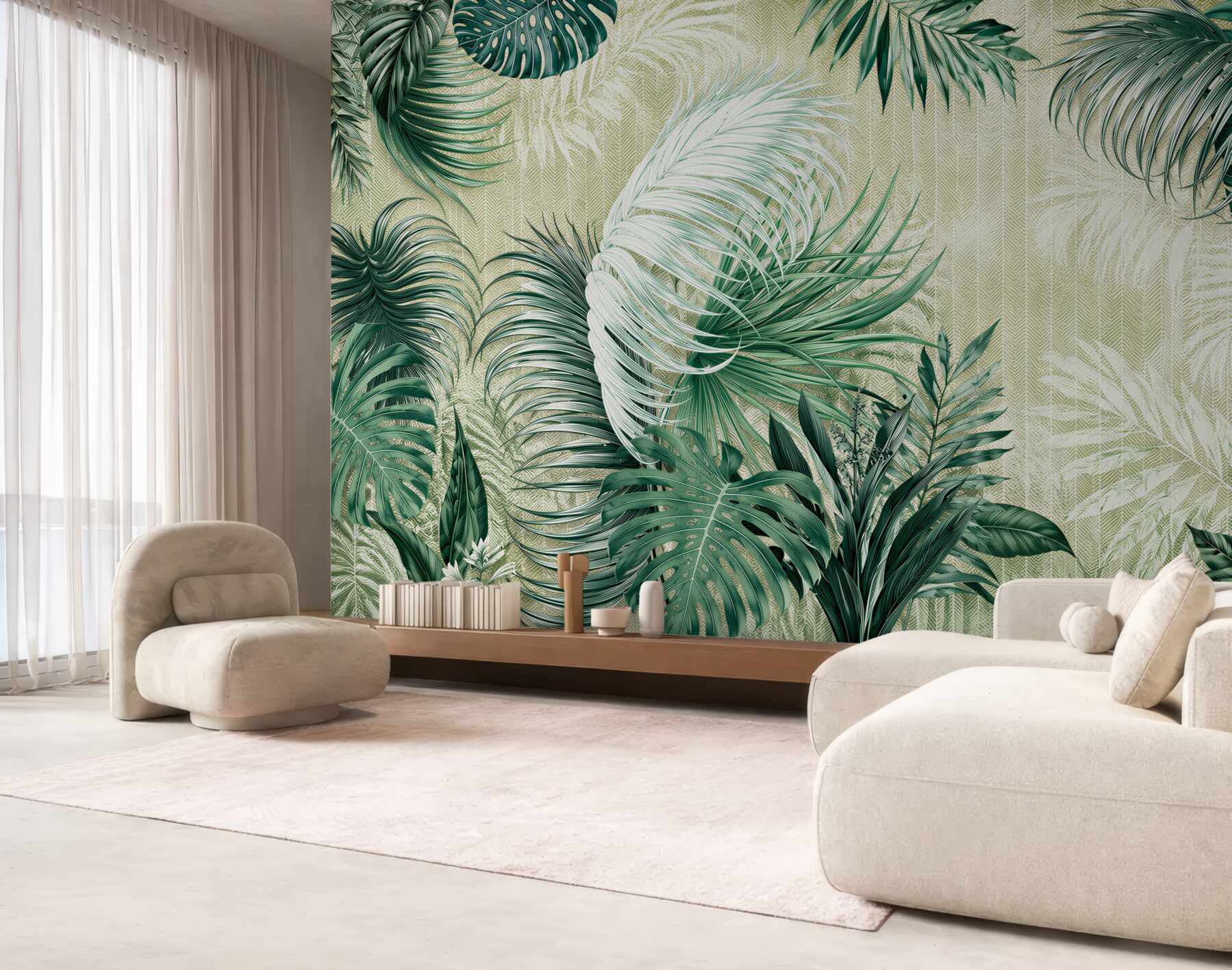 Fotobehang tropische bladeren groen monstera en palm op een lichte achtergrond