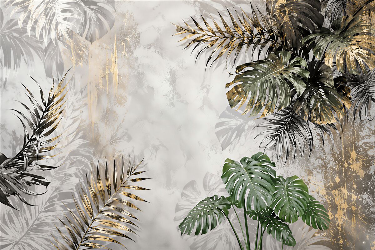 Fotobehang monstera bladeren en palmen beige-groen elegante tropische