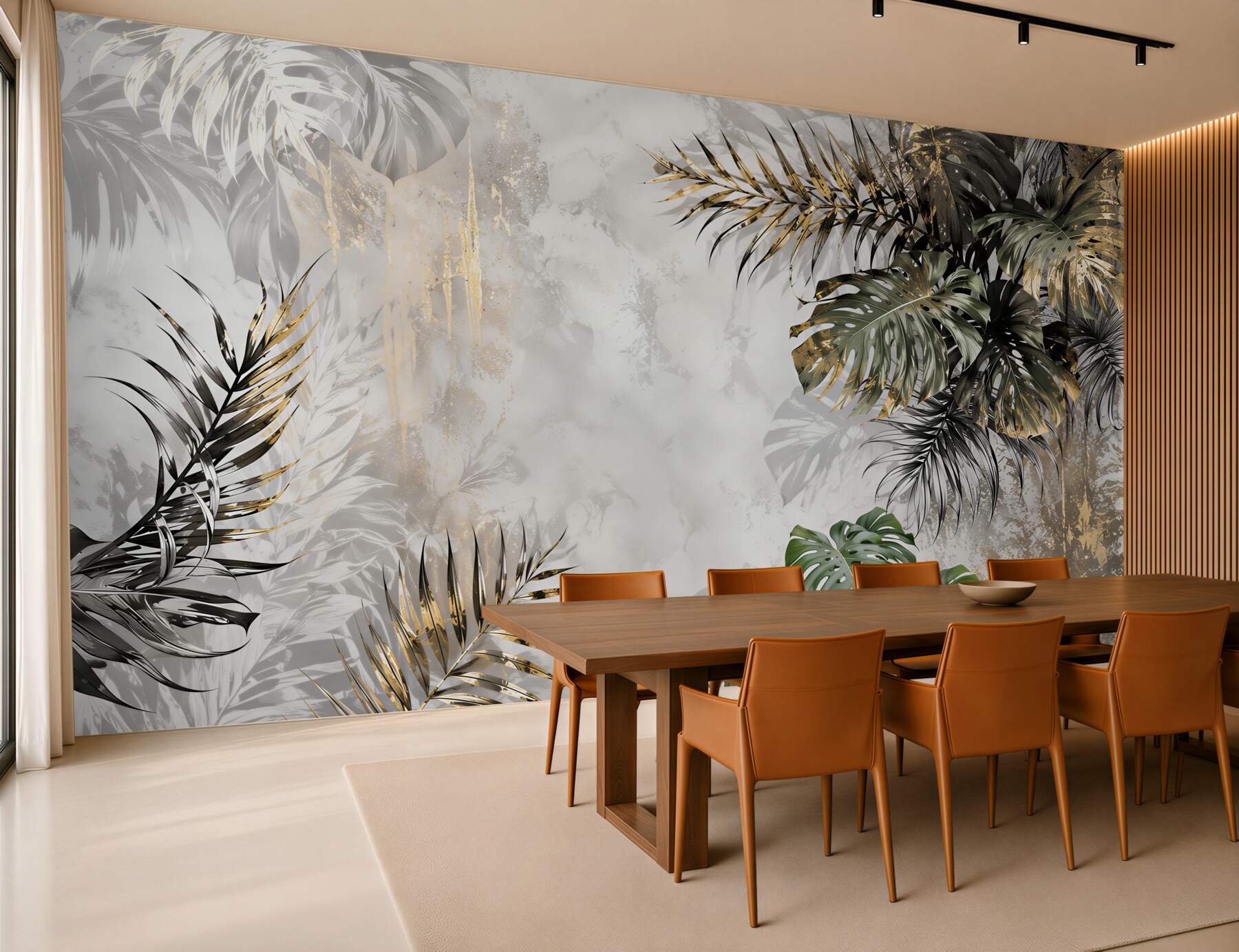 Fotobehang monstera bladeren en palmen beige-groen elegante tropische