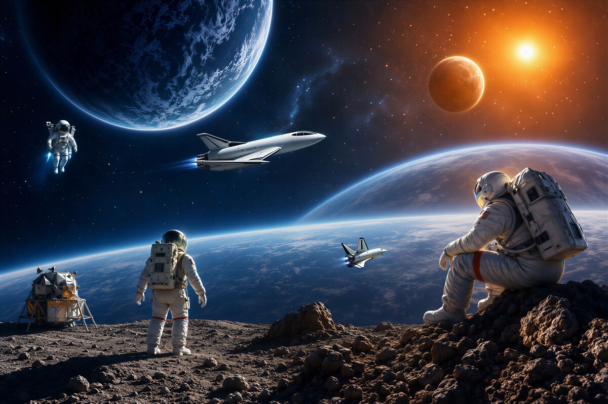Fotobehang kosmos met planeten en wolken in pastelkleuren