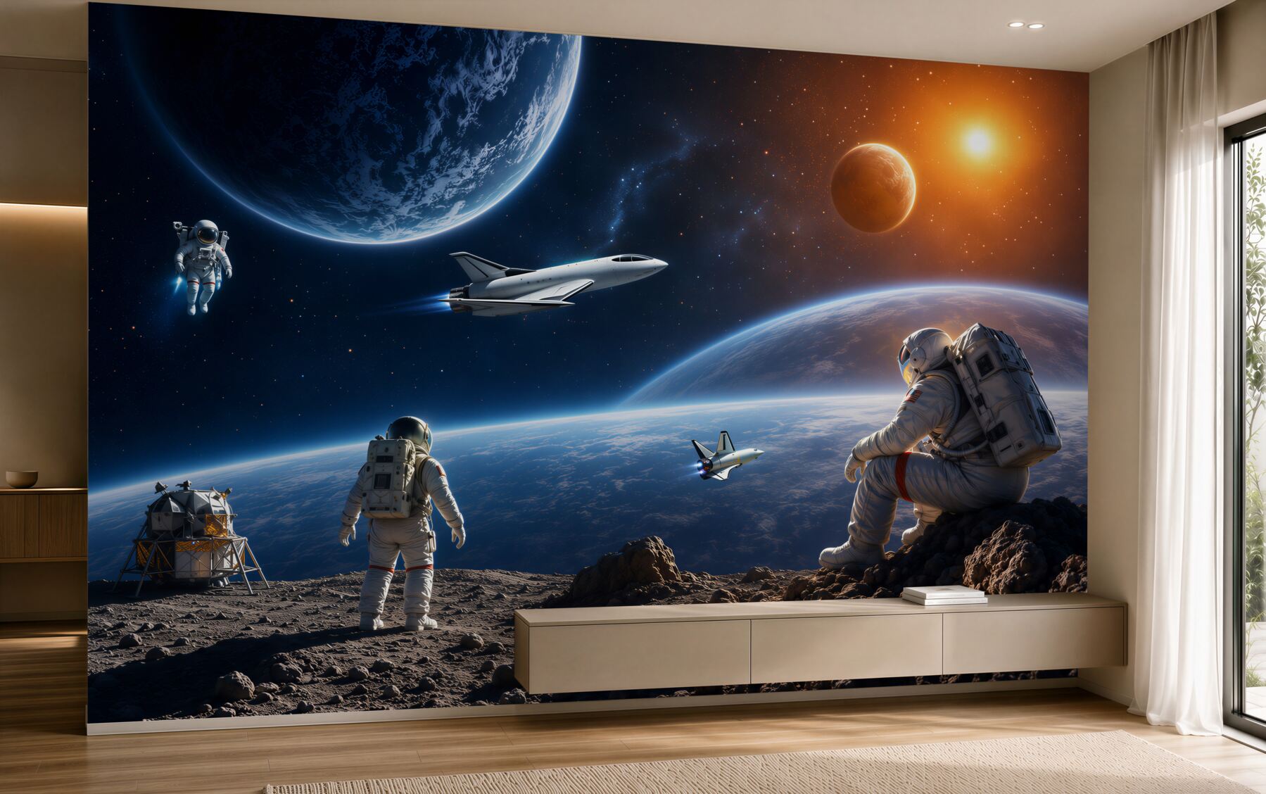Fotobehang kosmos met planeten en wolken in pastelkleuren