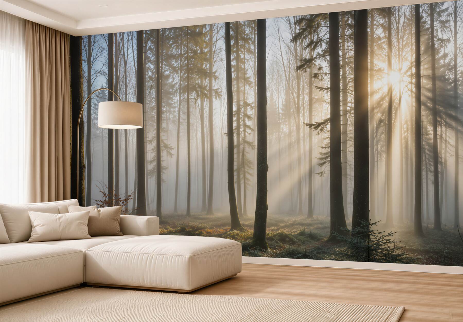 Fotobehang zonnestralen snijden door de mist in het bos