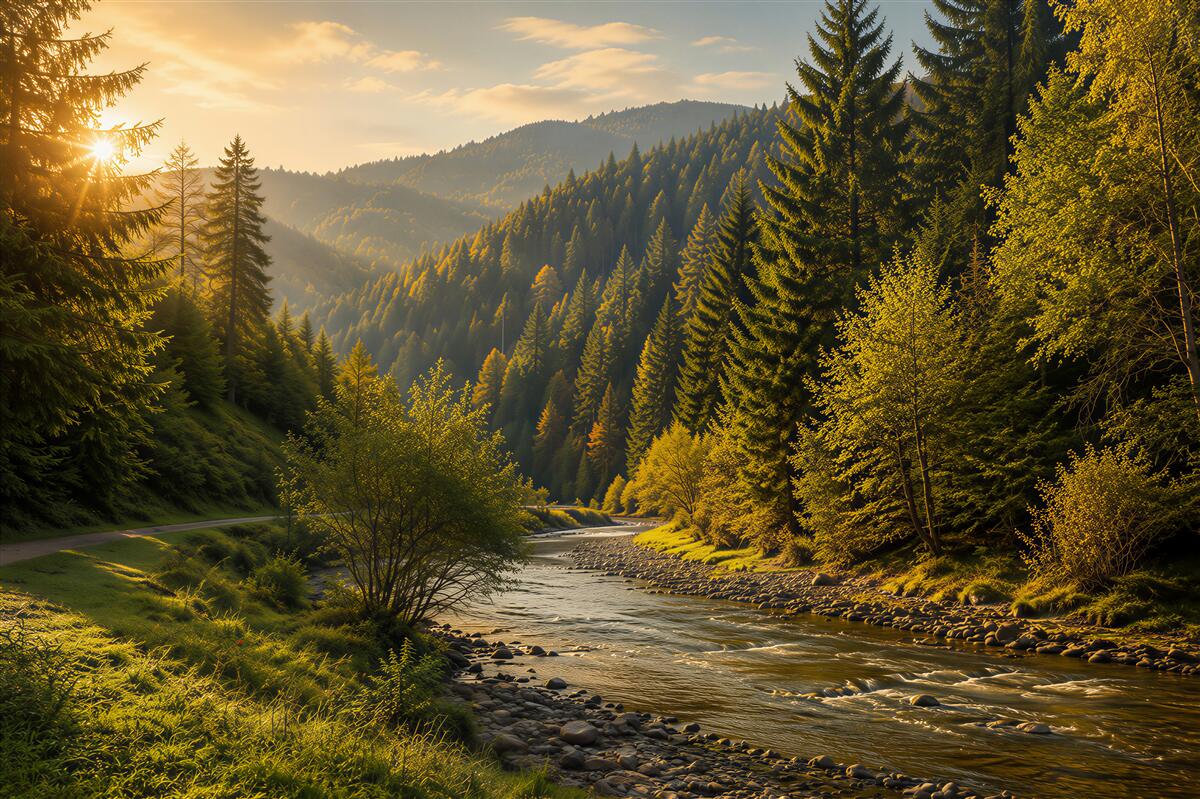 Fotobehang schilderachtige bergweg bij zonsopgang