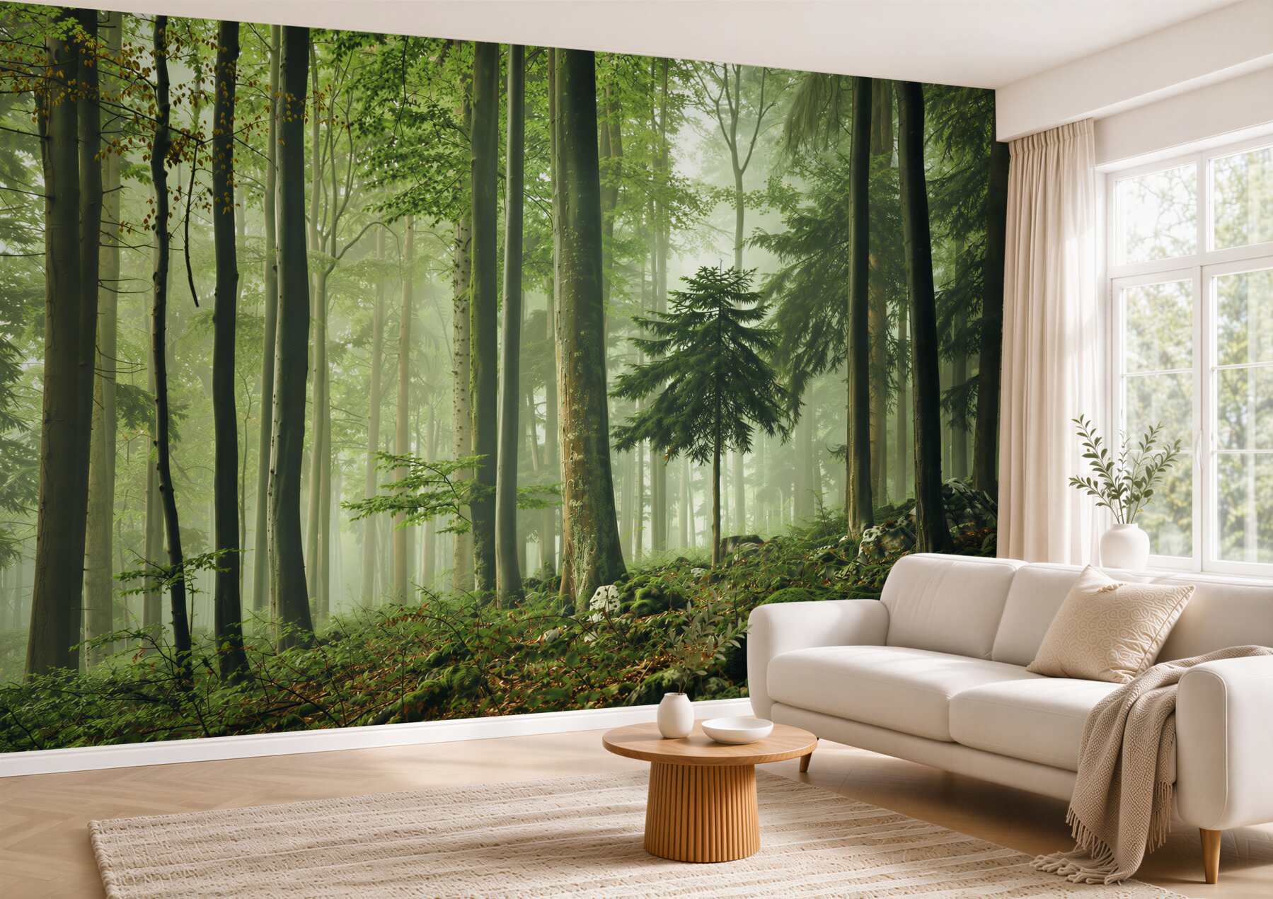 Fotobehang licht in de mist van het loofbos