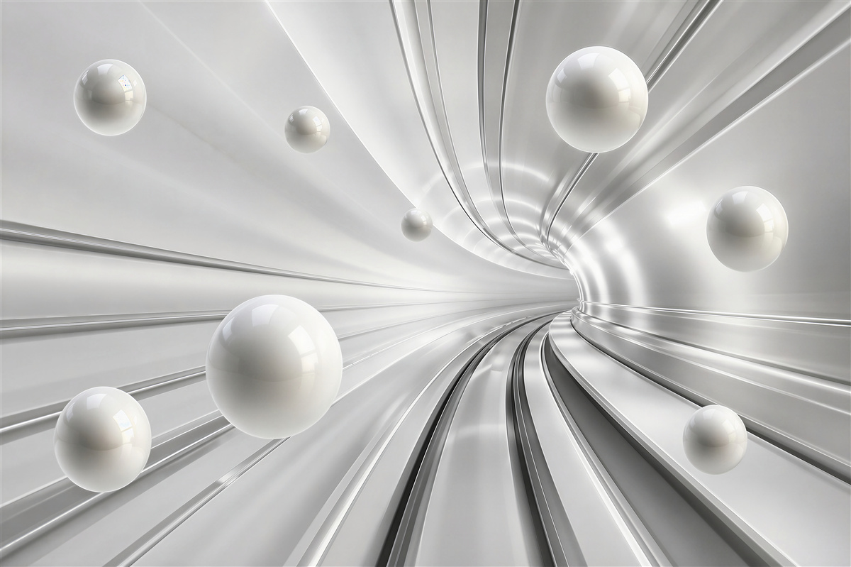 Fotobehang tunnel met vliegende witte ballen