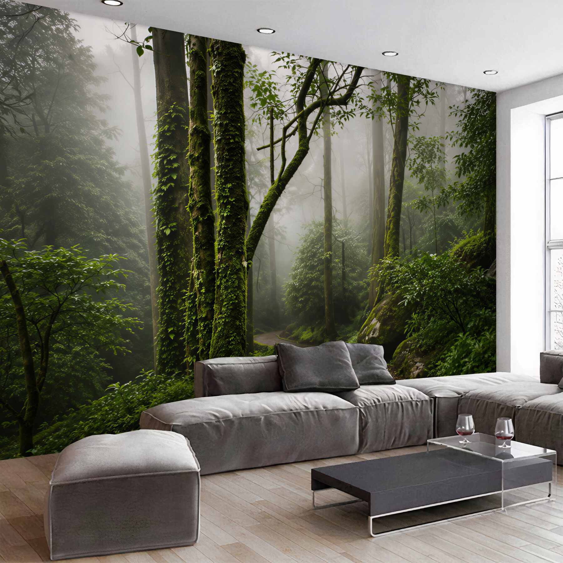 Fotobehang pad door het mistige groene bos