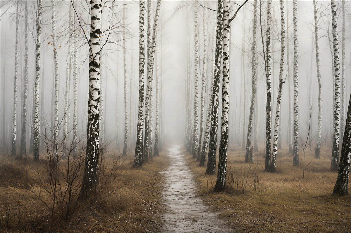 Fotobehang pad door het mistige berkenbos