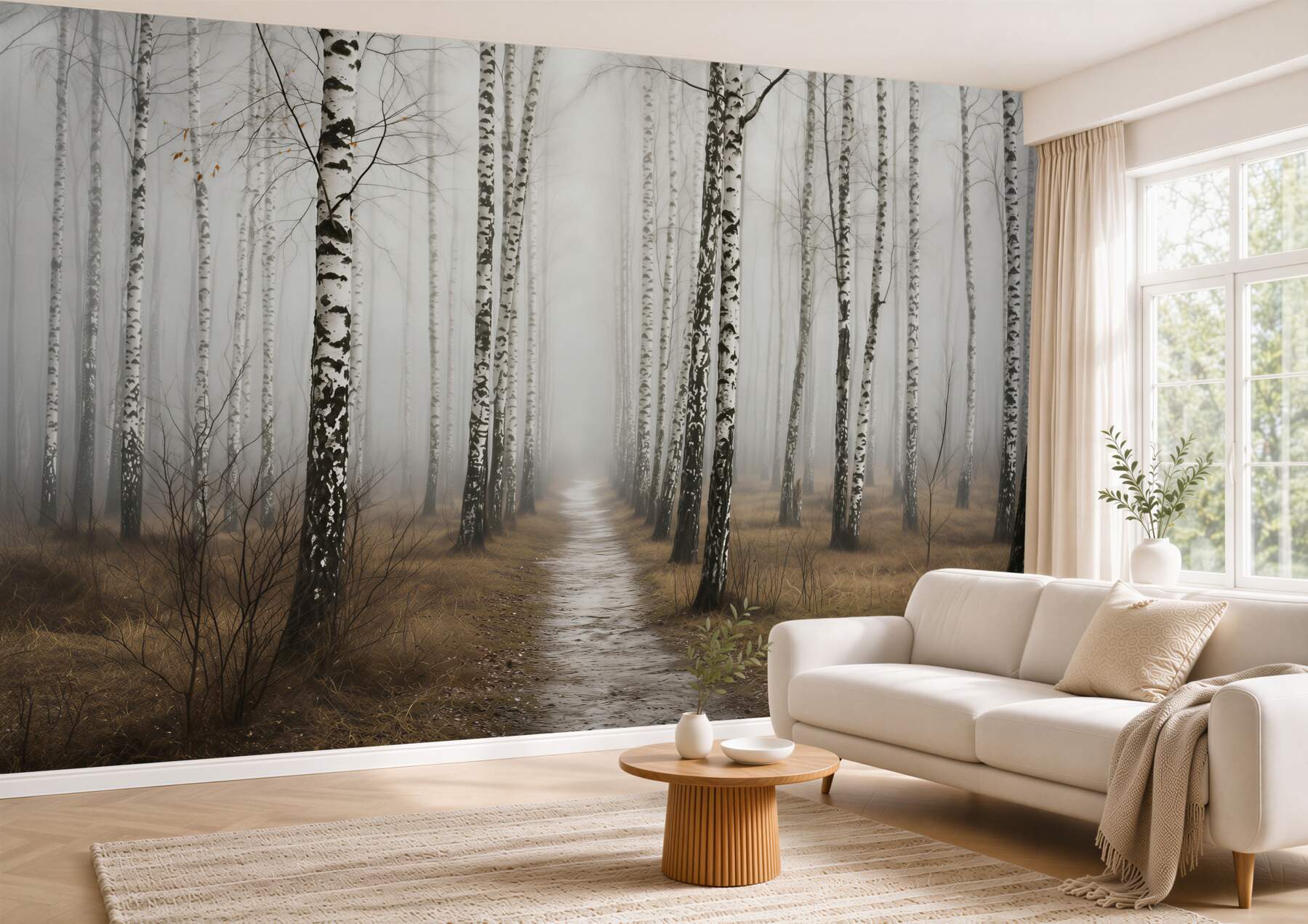 Fotobehang pad door het mistige berkenbos