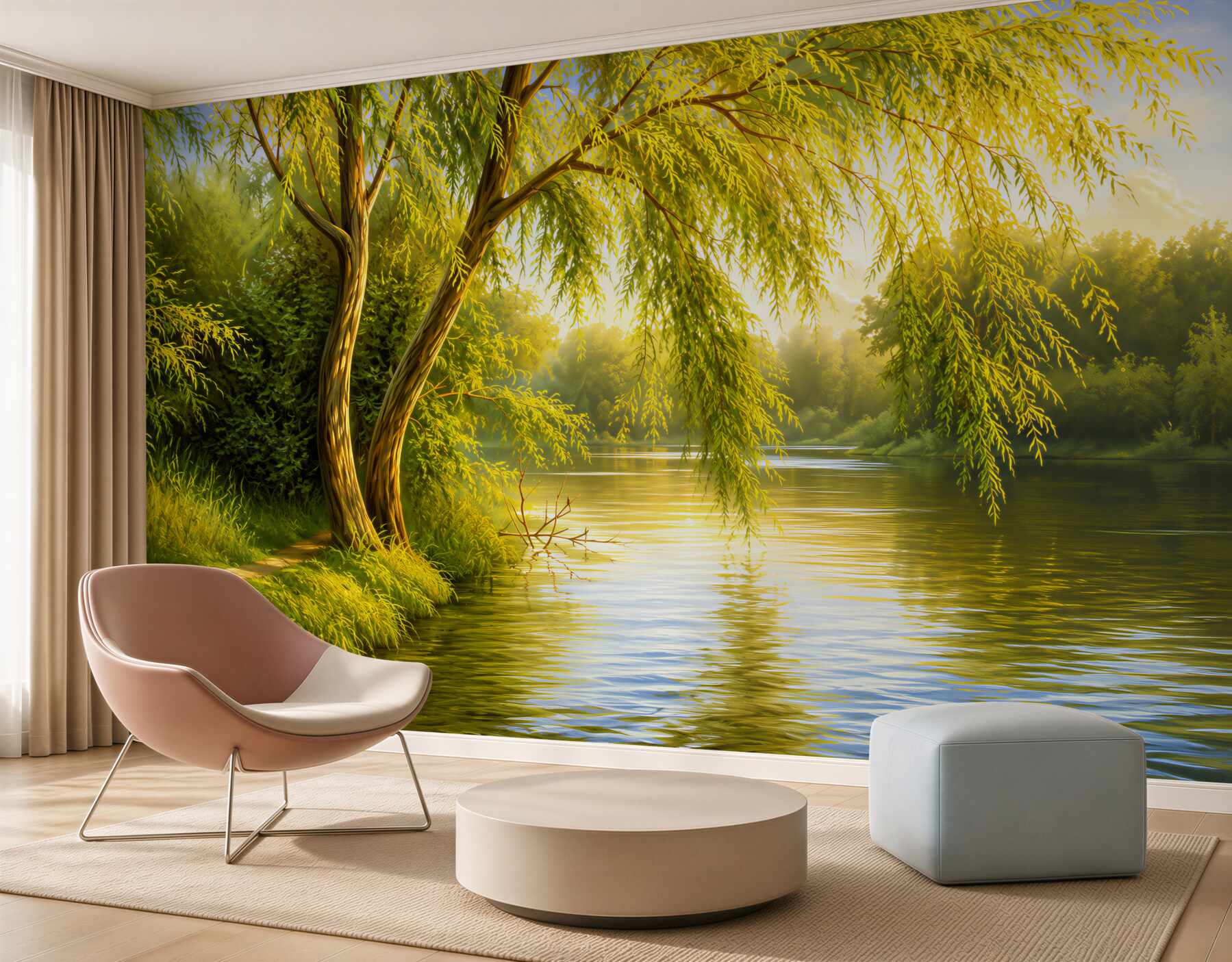 Fotobehang treurwilg in de zomer bij het water