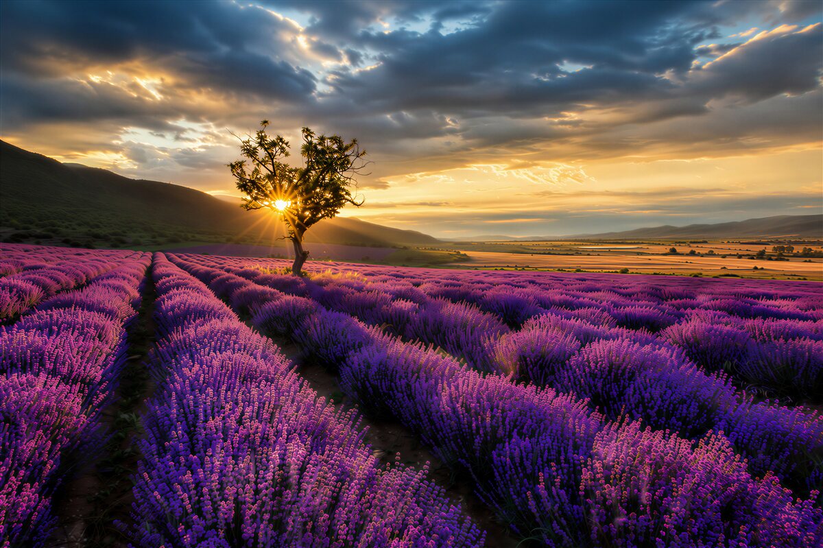Fotobehang eenzame boom op een lavendelveld bij zonsondergang