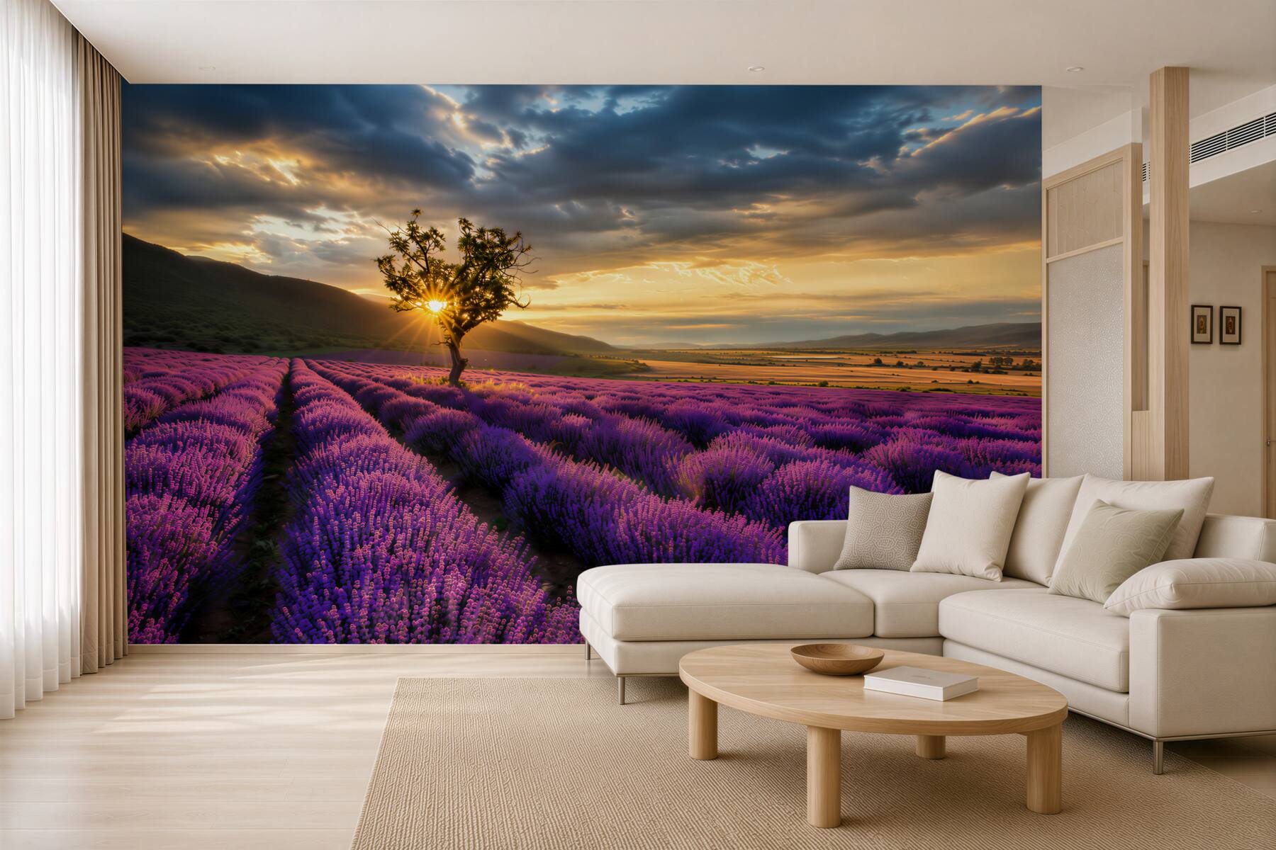 Fotobehang eenzame boom op een lavendelveld bij zonsondergang