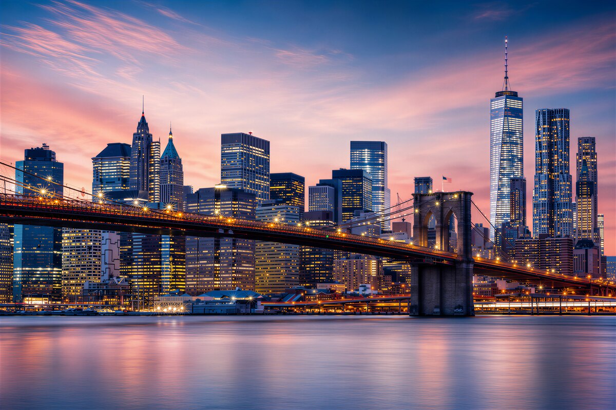 Fotobehang nachtelijk New York met de Brooklyn Bridge