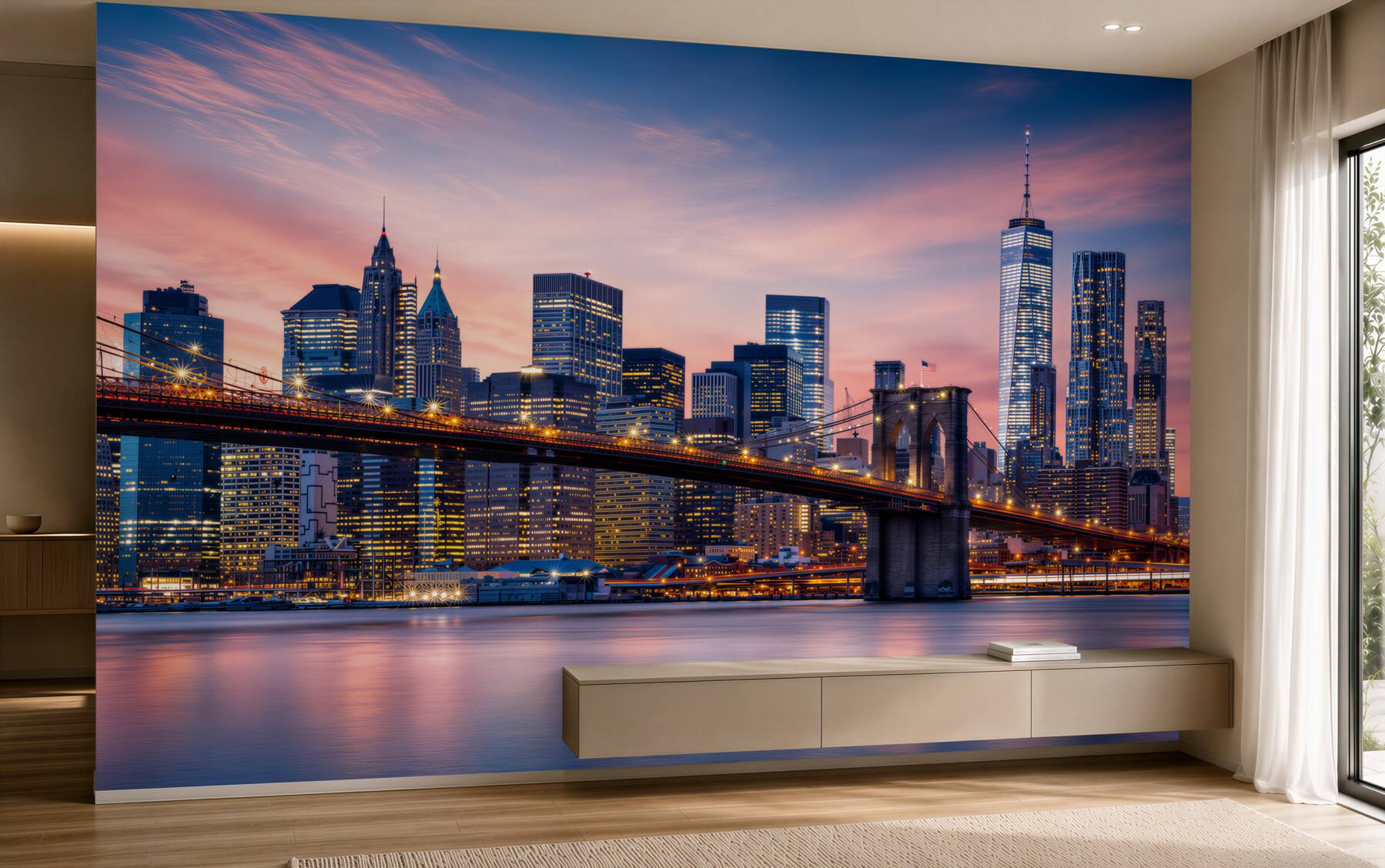 Fotobehang nachtelijk New York met de Brooklyn Bridge