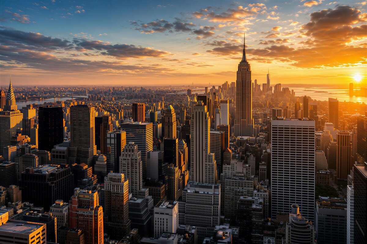 Fotobehang Wolkenkrabbers van New York bij zonsondergang