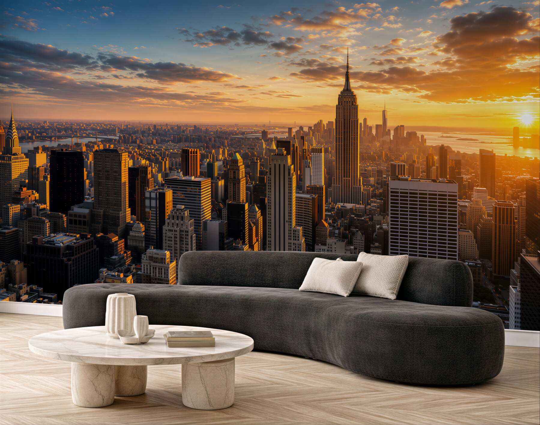 Fotobehang Wolkenkrabbers van New York bij zonsondergang