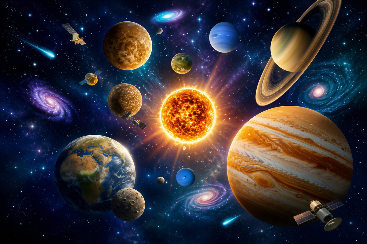 Fotobehang planeten van verschillende vormen en kleuren