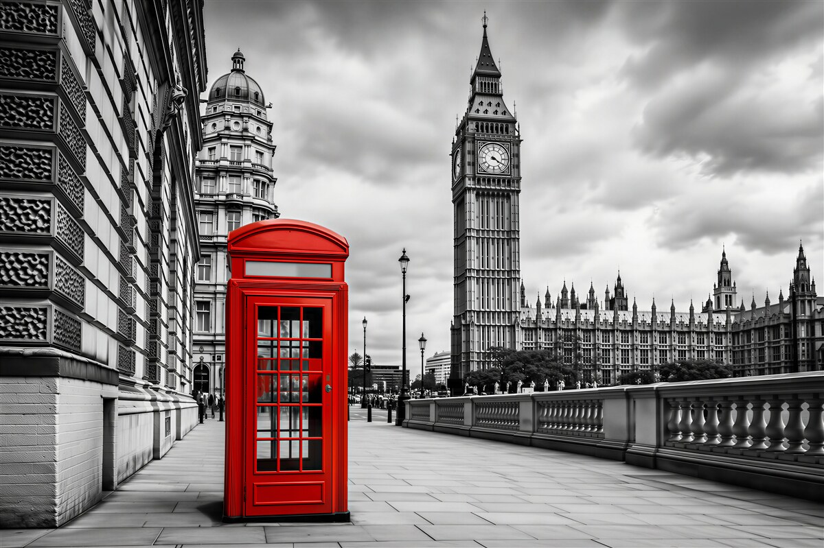 Fotobehang rode telefooncel met Big Ben op de achtergrond