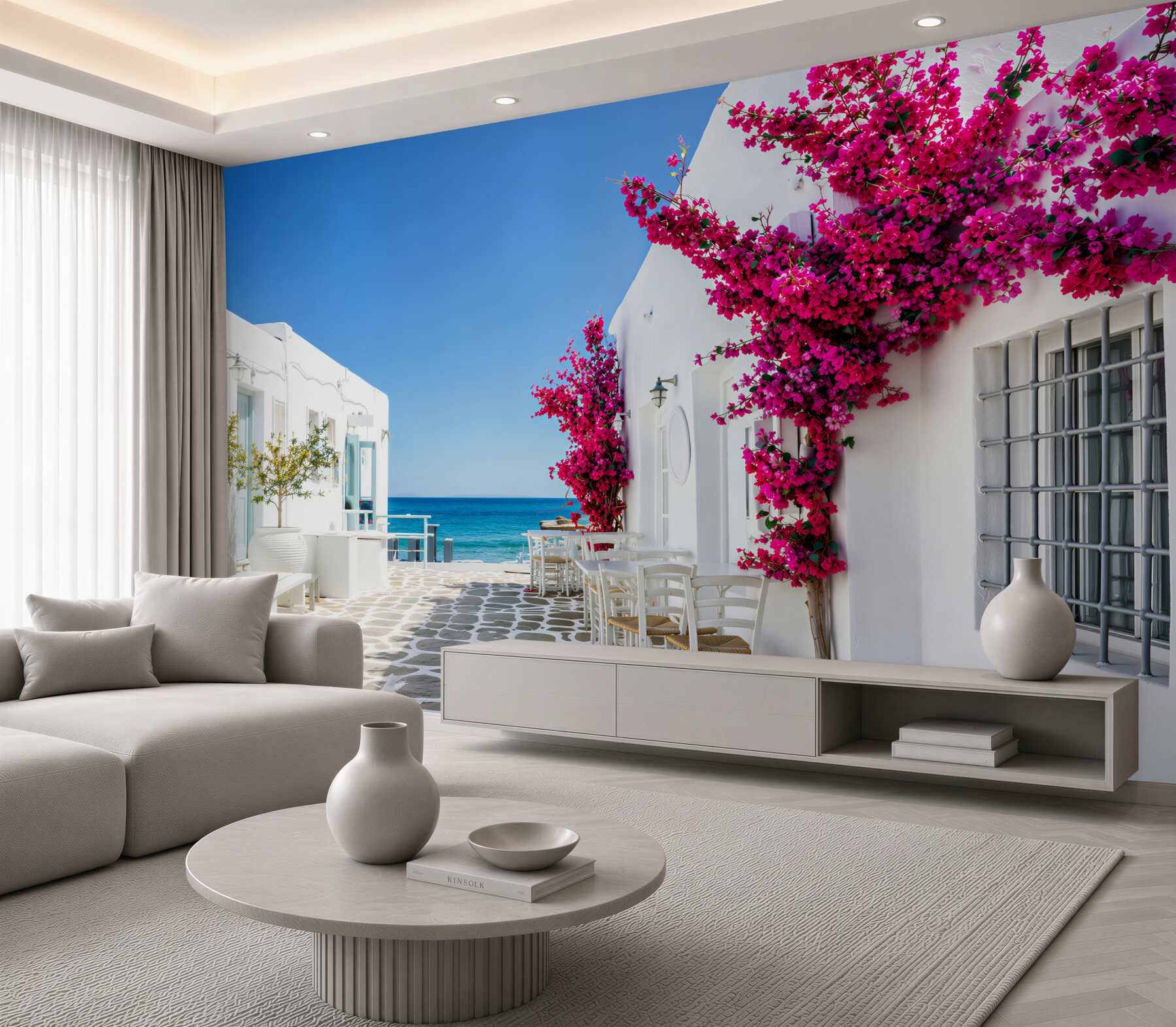 Fotobehang witte straat met toegang tot de zee