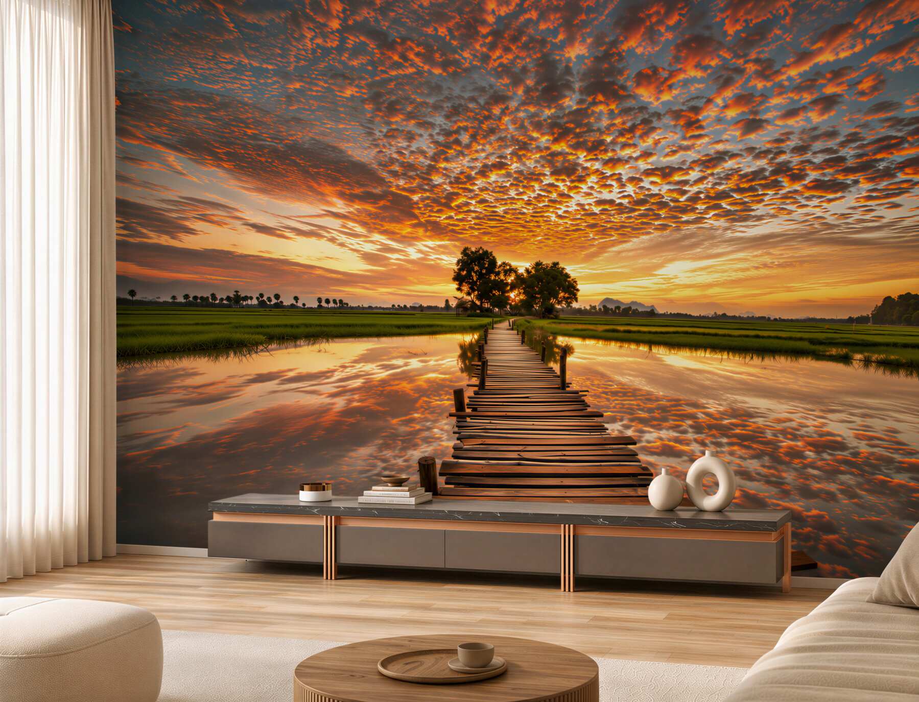 Fotobehang houten steiger bij zonsondergang aan het meer