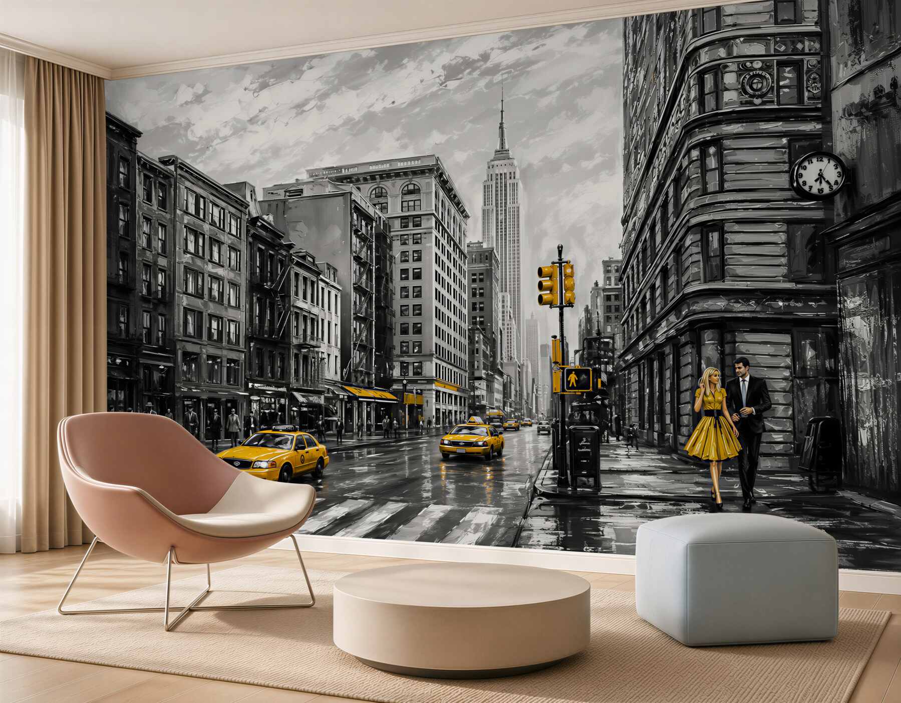 Fotobehang gele taxi's op de straten van een grijze stad