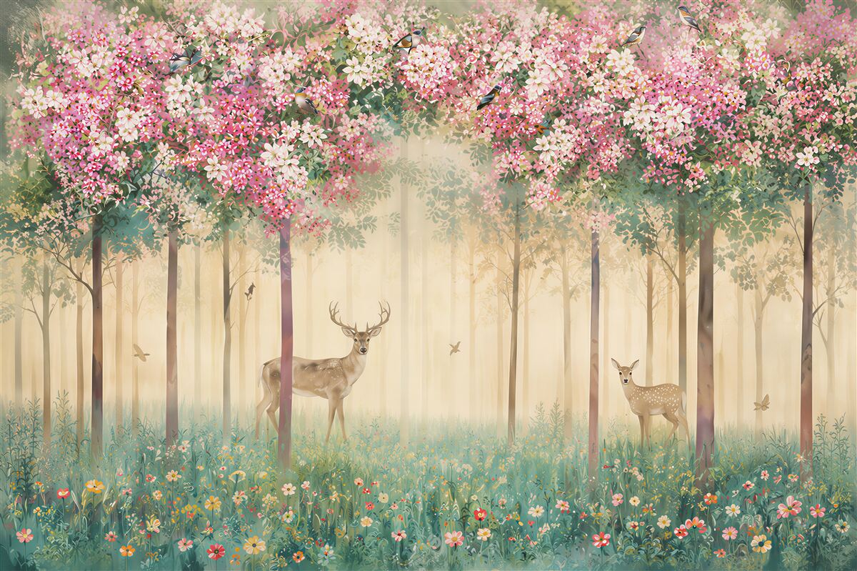 Fotobehang herten in een bloementuin