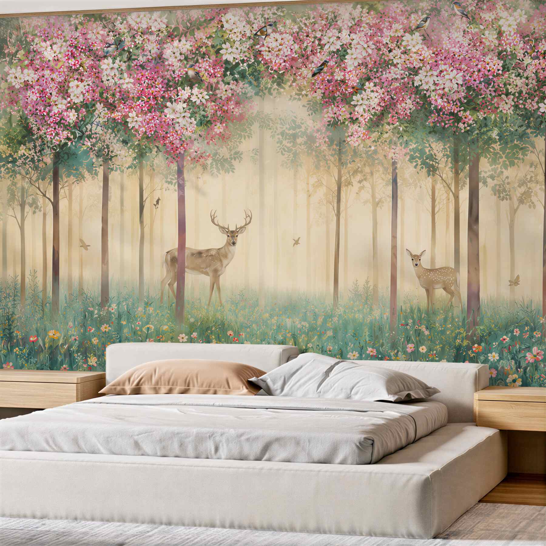 Fotobehang herten in een bloementuin