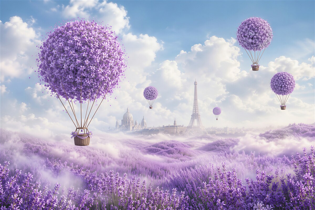 Fotobehang lavendelveld en ballonnen