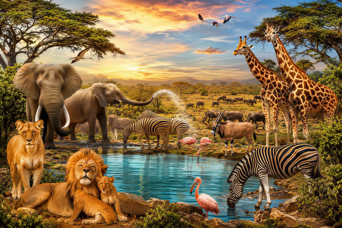 Fotobehang Afrikaanse dieren bij de waterplaats