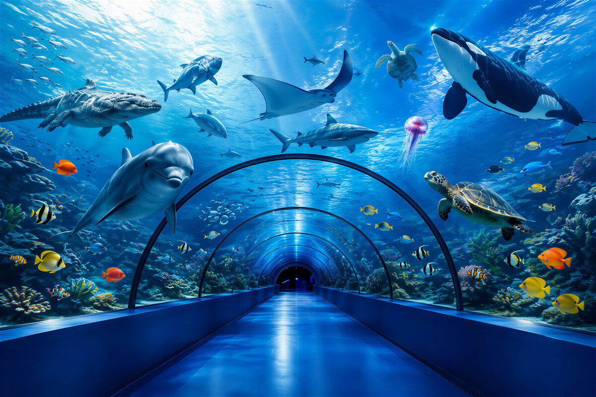 Fotobehang fascinerende tunnel in het aquarium