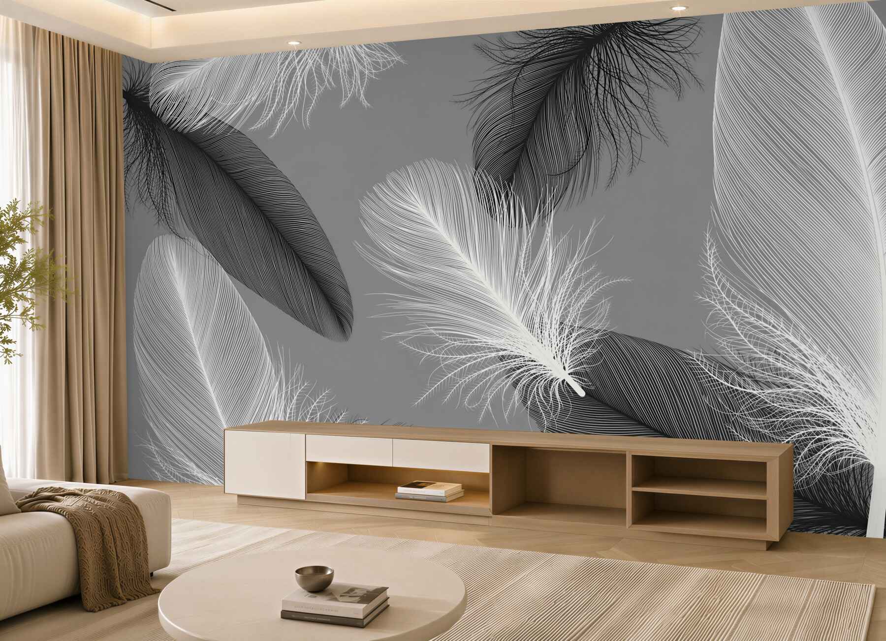Fotobehang witte en grijze veren