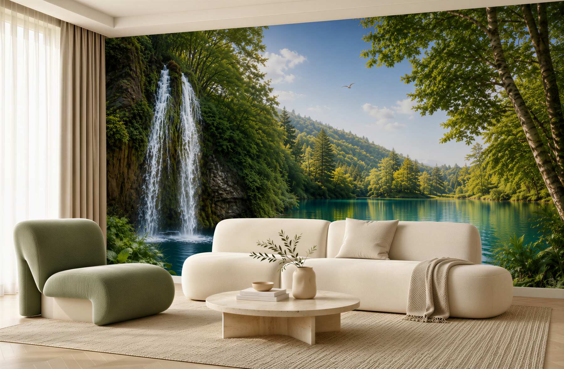 Fotobehang sprookjesachtige natuur rond een waterval en een meer