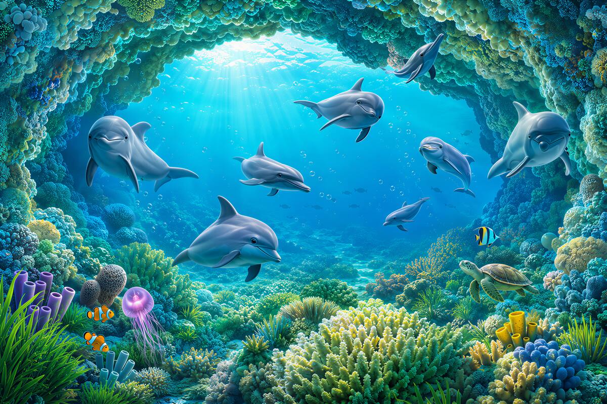 Fotobehang dolfijnen in een onderwatergrot