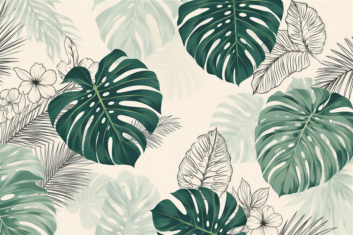 Fotobehang enorme bladeren van monstera met texturen