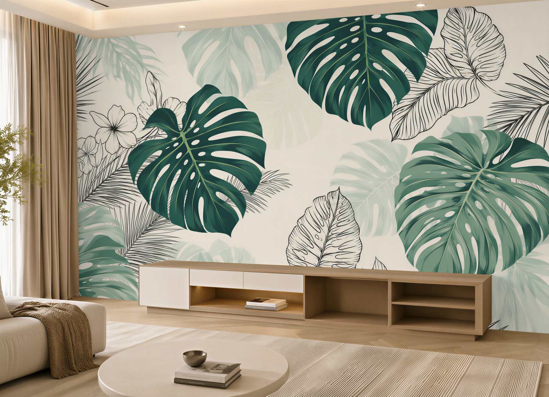 Fotobehang enorme bladeren van monstera met texturen
